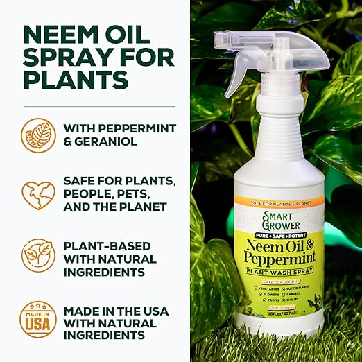 Neem Oil Spray for Plants with Peppermint Oil, Natural Plant Wash Made for Indoor and Outdoor Plants Smart Grower 16oz Easy Ready to Use Spray