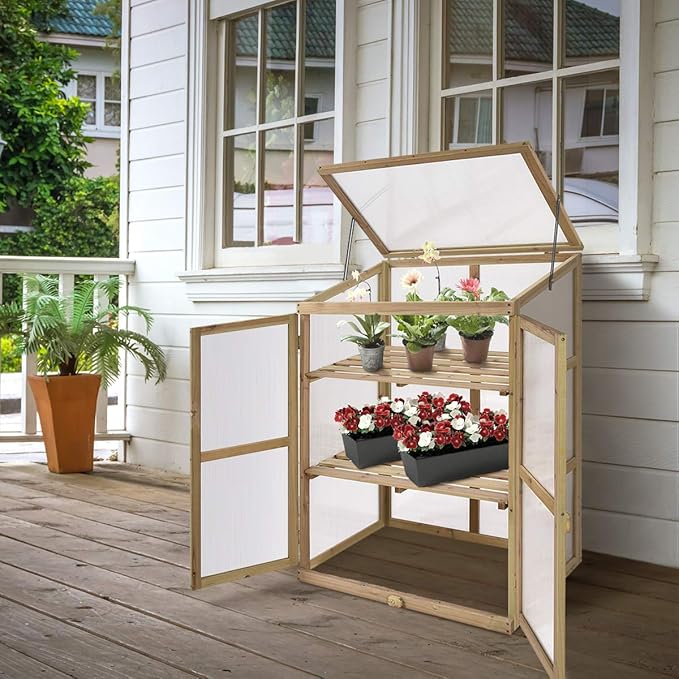 Happygrill Portable Wood Mini Greenhouse w/Transparent Openable Roof, Double Doors & 3 Tier Shelves, 30" L x 22.5" W x 43" H