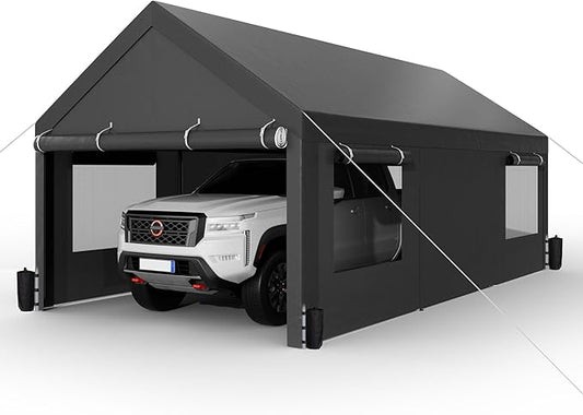 Shintenchi Carport 10' x 20' Heavy Duty Portable Garage, Carport Canopy with Side-Opening Door & Roll-Up Windows, Car Canopy for Truck,Car,Boat,Grey