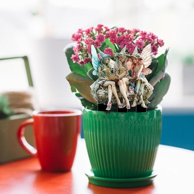 Fairy Garden Stake Decor, 2D Flat Acrylic Fairy Garden Decor Panel, Elf Yard Sign for Outdoor Indoor Yard Lawn Plants Pots, Fairy Yard Accessories (Three Fairies)