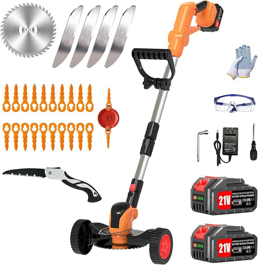 Electric Weed Wacker Cordless Eater Battery Powered Eater Lightweight Edger Portable Stringless Grass Trimmer/Lawn Mower/Brush Cutter, with 3 Types Blades & Wheels for Yard and Garden-Orange