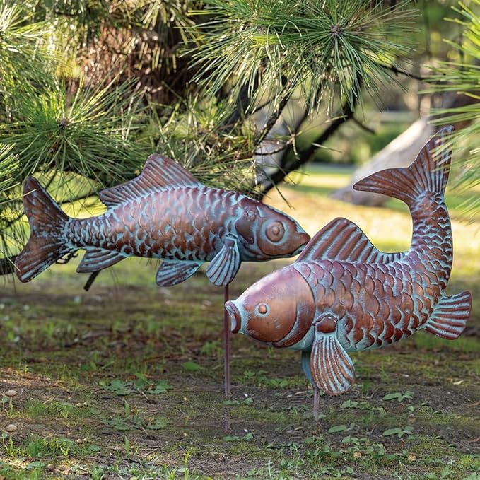 G/N Set of 2 Koi Fish Decor Outdoor Statue Sculpture Garden Pond Fishes Yard Art Antique Copper Koi Sculptures & Statues Large Metal Koi Fish Figurine Ornaments Décor Gifts for Women Mom Grandma