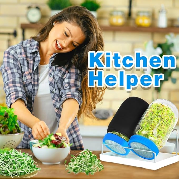 Organic Seed Sprouting Jar Kit – 2 × 32 oz Wide-Mouth Mason Jars with Stainless-Steel Sprouter Lids & Stand, Blackout Sleeves, Drain Tray – Grow Broccoli, Alfalfa & Bean Microgreens