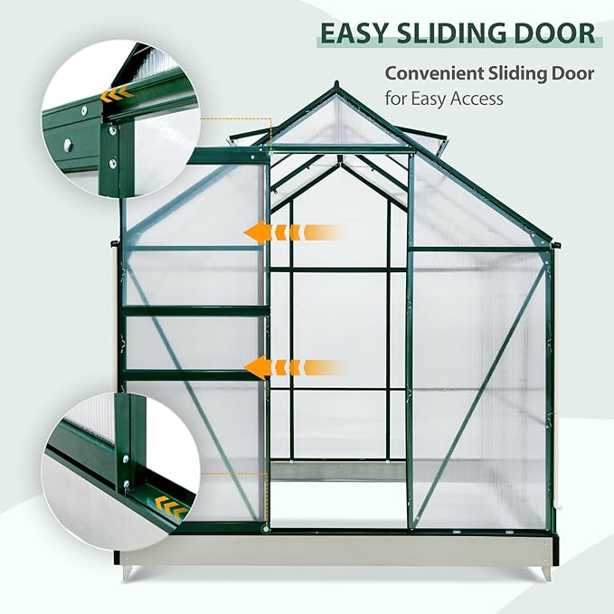 EAGLE PEAK 6x6x7 Outdoor Walk-in Hobby Greenhouse with Adjustable Roof Vent, Rain Gutter, Base and Anchor, Polycarbonate Aluminum Green House for Backyard Garden, Dark Green