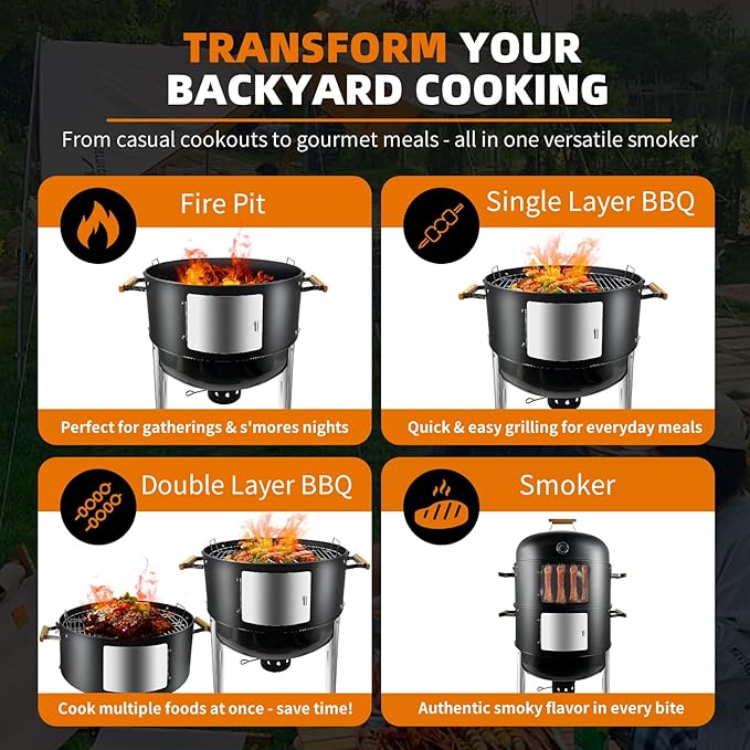 Realcook Vertical Charcoal Smoker Grills: Premium 20.5 Inch BBQ Meat Smokers - Barbecue Charcoal Grill Smoker Combo for Outdoor Cooking Patio Backyard Picnic Party Grilling