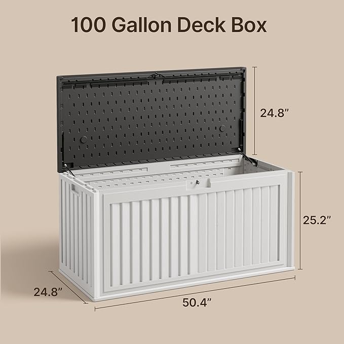 Gizoon 100 Gallon Deck Box, Resin Outdoor Storage Box with Lockable Lid, Waterproof and UV Resistant, Perfect for Storing Patio Mats, Garden Tools, Home and Outdoor Organization