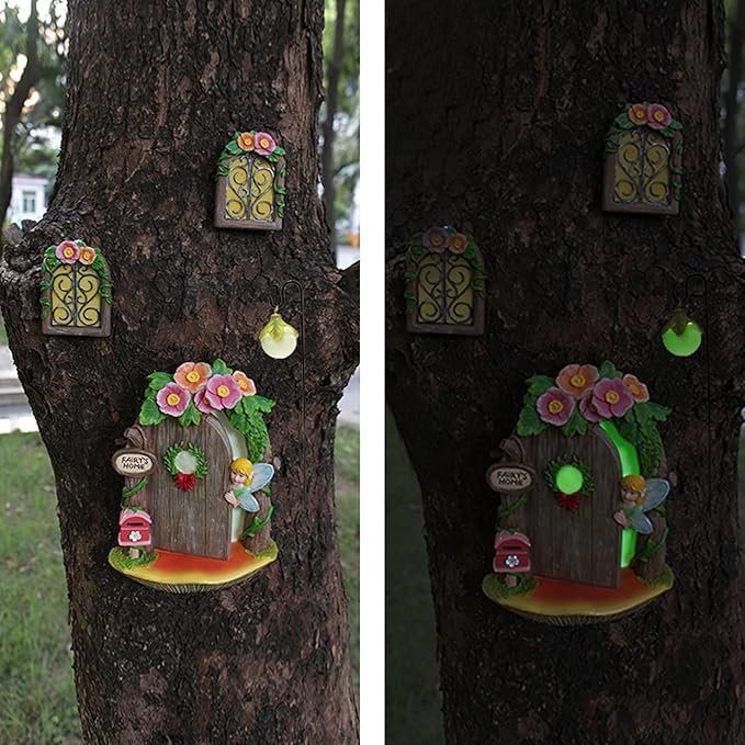 Fairy Door and Windows Garden Kit Accessories Outdoor, Glow in Dark Gnome House for Tree, Lawn Yard Art Sculpture, Miniature Garden Decor (Fairy)