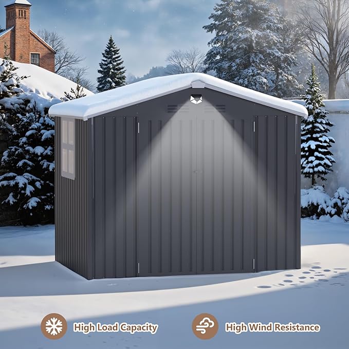 8x6 FT Outdoor Storage Shed, Metal Garden Shed - Tool Storage Sheds with Lockable Doors & 1 Clear Window, Waterproof Outside Storage Building for Backyard, Patio (Black; Floor Not Included)