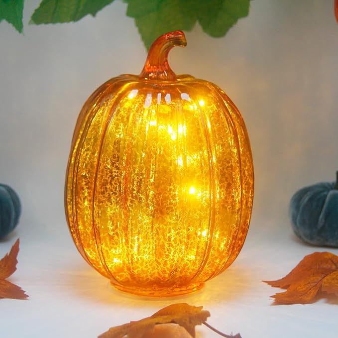 Mercury Glass Pumpkin Lights with Timer, Battery Operated Led Pumpkin Lights for Halloween Fall,Thanksgiving Rustic Decor (Gold Common, 8")