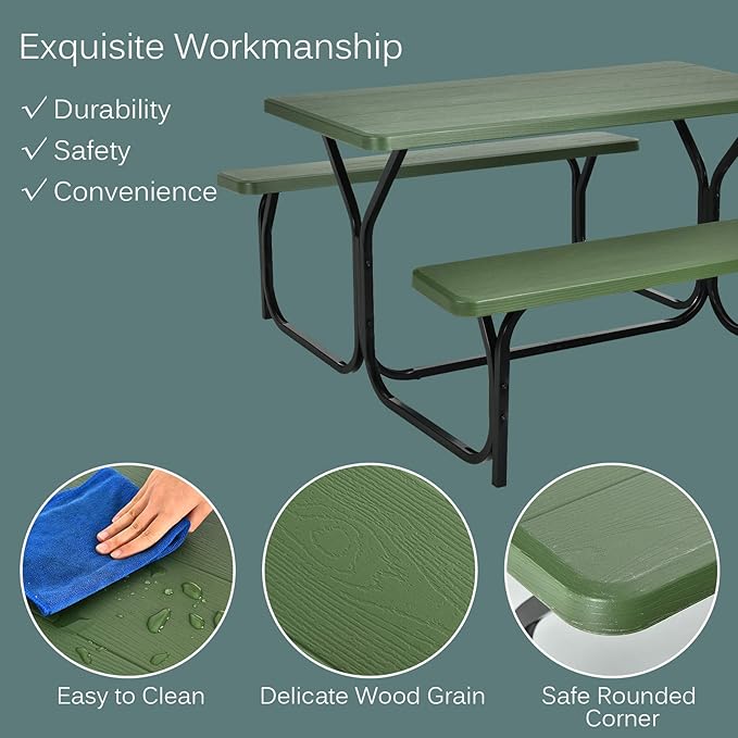Moccha Picnic Table Bench Set - Portable Plastic Picnic Table w/Steel Frame & Wood-Like Texture, All Weather Heavy Duty Picnic Table Kit, Picnic Tables for Outdoors Garden Patio Party Dining (Green)