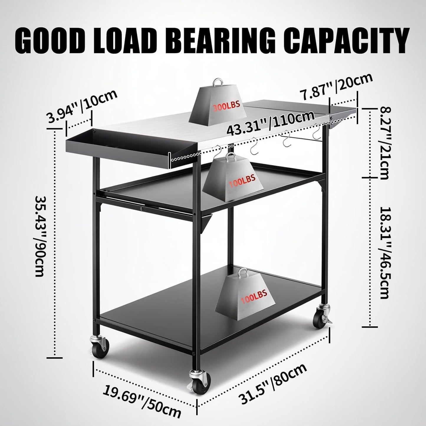 Outdoor Pizza Oven Table,Three-Shelf Outdoor Table with Waterproof Cover, Pizza Oven Stand Tables with Wheels, Movable Outdoor Grill Food Prep Heavy Duty Grill Cart