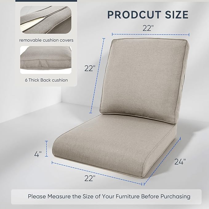 Outdoor Rattan Chair Cushions 2 Packs - Outside Durable Thick Replacement Back and Seat Cushion 22x24 with Zipper Cover for Patio Glider Rocking Chairs Loveseat Couch – Beige/Regular