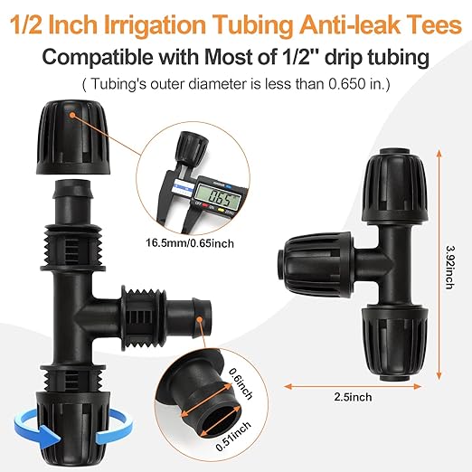 12 Pieces 1/2 Inch Drip Irrigation Tee Fittings, 1/2'' Drip Line Barbed Locked Tee Connectors for 1/2 Inch Irrigation Tubing (1/2" ID x 0.640" OD) Anti-leak 3-Way Irrigation System Parts