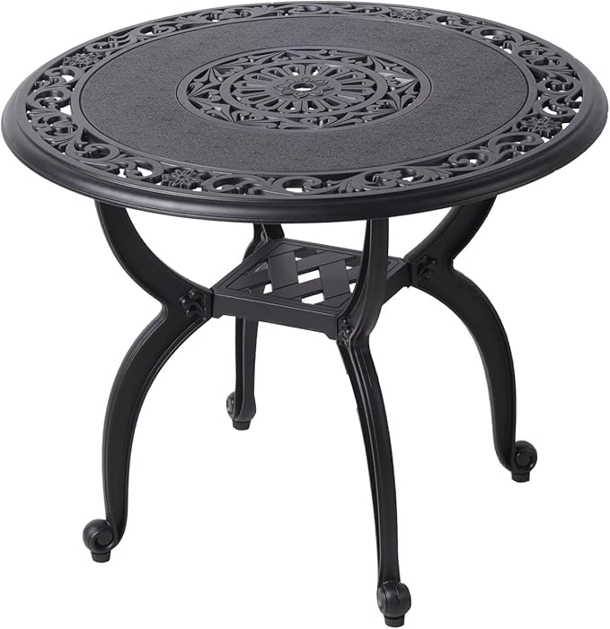 Cast Aluminum Side Table for Outdoor Patio, Garden, Balcony - All Weather Coffee Table (Black, Round 24"), WIL001