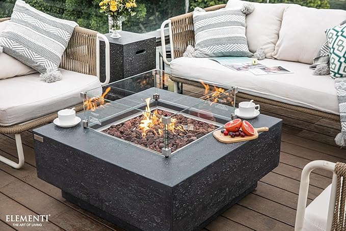 Elementi Manhattan Gas Fire Pit Bundle Concrete Fire Table, Outdoor Fire Pit Electronic Ignition | Canvas Cover, Lava Rock Included | Free AMS Wind Guard | Dark Gray (Propane Gas)