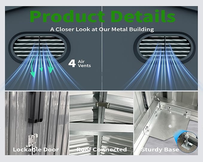 20 x 10 FT Outdoor Storage Shed, Large Metal Garden Shed with 2 Lockable Doors, Tool Shed Outdoor Storage with 4 Air Vents, Garage Shed Waterproof for Car, Truck, Bike, Garbage Can, Tool, Dark Gray