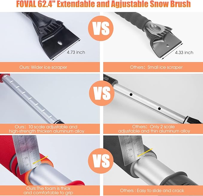 FOVAL 62.4" Snow Brush - Ice Scrapers for Car Windshield, 360°Pivoting Brush Head, Comfortable Foam Grip, Extendable Snow Removal Car Brush for Trucks SUVs, Essential Winter Tool
