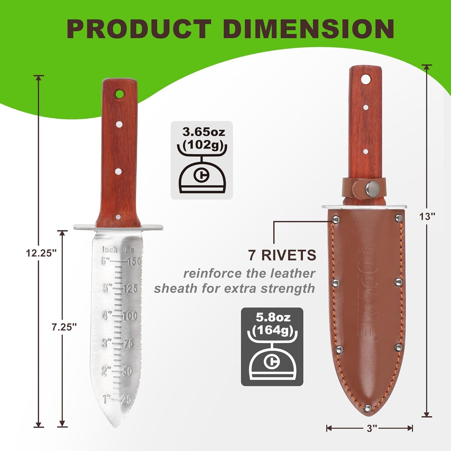 Topline Full Tang Hori Hori Garden Knife, Hori Hori Knife with Sharpening Stone, Double-edge Stainless Steel Blade, Heavy Duty Leather Sheath Included, Garden Tools for Digging, Weeding, Planting