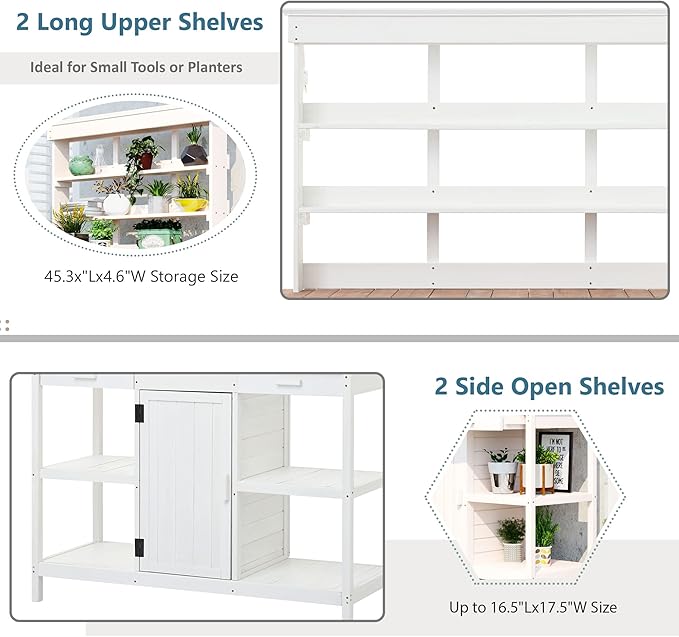 66" Outdoor Potting Bench Workstation - Farmhouse Style Wooden Garden Table with Drawers, Cabinet & Open Shelves (White + Solid Wood + naturalwood Color)