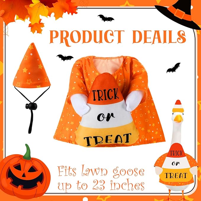 Sanwuta 1 Set Halloween Porch Goose Outfit Candy Corn Pillow Design with Hat for 23" Lawn Cement Goose Porch Geese Clothes Costume for Halloween Garden Patio Yard Outdoor Decorations