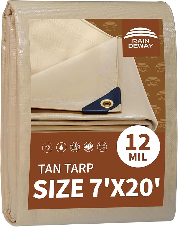 RAINDEWAY 7x20 Feet Heavy Duty Tarp,12 Mil Tan Waterproof Poly Tarp Cover,UV Resistant,Weatherproof,Durable,Multipurpose Tarps with Grommets and Reinforced Edges