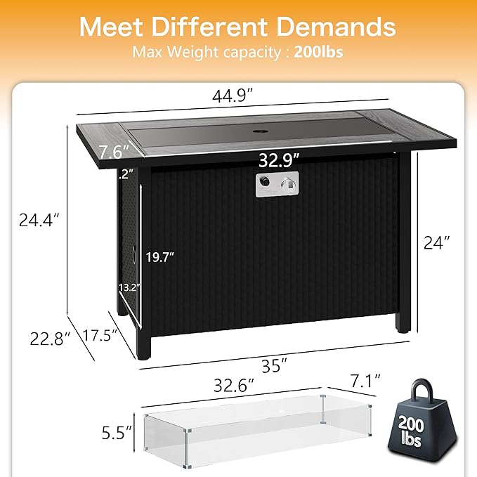 Meilocar 45in Fire Table, Propane Fire Pit with Glass Wind Guard and Rain Cover, Outdoor Firepit Table 50000 BTU 3-in-1 Fire Table for Patio/Yard/Balcony, Gray Tabletop