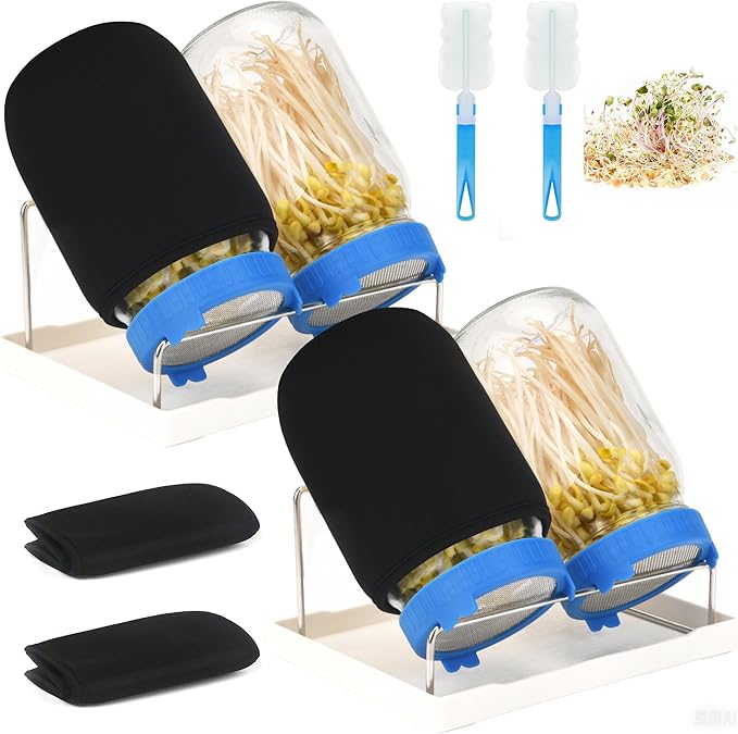 Lulonpon Sprouting Kit, 4 Sprouting Jar Kits, Wide Mouth Quart Mason Jars with Stainless Steel Screen Sprout Lids,1000ml Sprouts Growing Kit, Seed Sprouter Set for Growing Broccoli, Bean, Alfalfa ﻿