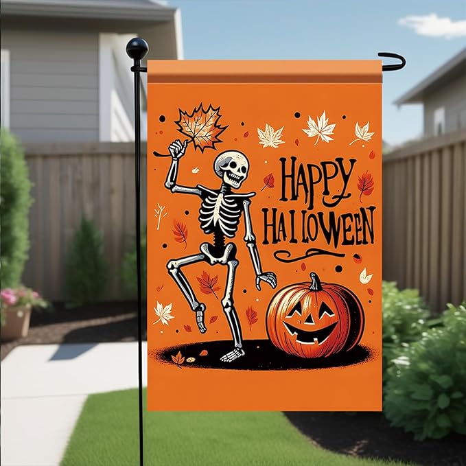 Halloween Garden Flag Skeleton Pumpkin Flag Outdoor Fall Yard Decor 12x18 Inch Double Sided Decorative Banner for Lawn Patio Holiday Party Decoration Spooky Autumn Seasonal House Flag