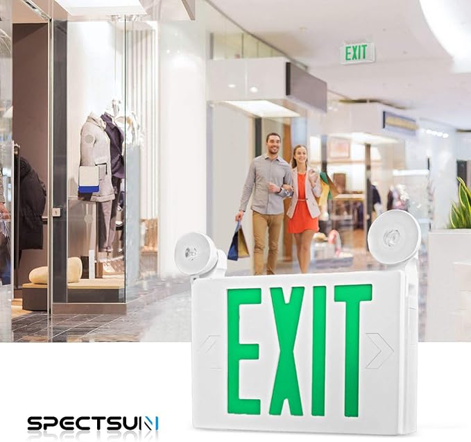 SPECTSUN 1 Pack LED Exit Emergency Light with Battery Backup, Green Exit Emergency Sign with 2 Lamp Heads, UL Listed, AC 120/277V, Hardwired Exit Signs with Emergency Lights, Commercial Emergency Lights for Business.