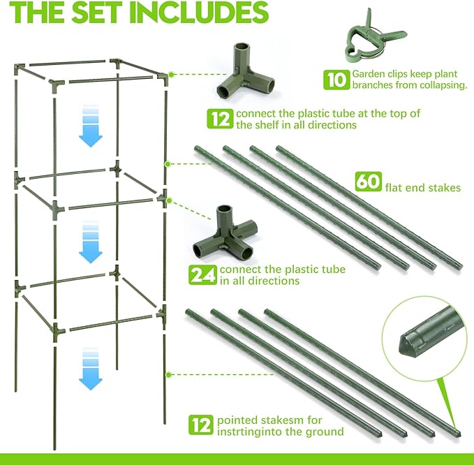 arbxvnrUp to 48.8in Square Tomato cage Garden mesh Plant Support Posts, quadrangular Adjustable Tomato Stand Pot Picking mesh (3pack)