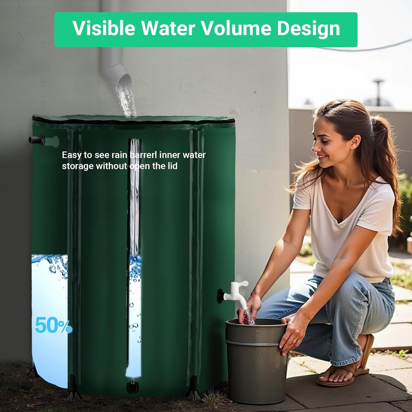 132 Gallon / 500L Collapsible Rain Barrel, Foldable PVC Water Barrels to Collect Rainwater from Gutter, Portable Water Collection System with Hose Spigot, Garden Water Catcher Collector Green