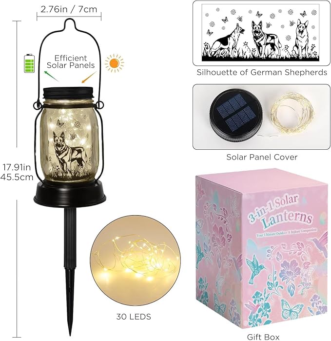 German Shepherd Gifts for Women/Men, German Shepherd Solar Lanterns Dog Mom Birthday, Dog Lovers Lantern, Pet Loss Pet Memorial Lights, Solar Garden Decoration Outside for Yard, Patio,Backyard,Porch