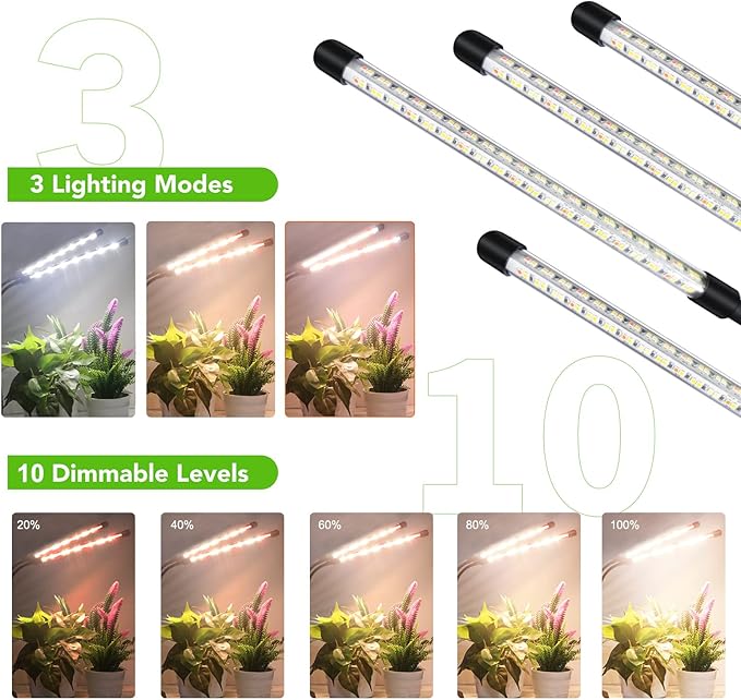 Plant Lights for Indoor Growing, Full Spectrum 4 Heads Clip Grow Lamps with 10 Feet Cables for Seeding Blooming and Fruiting(2 Pack)