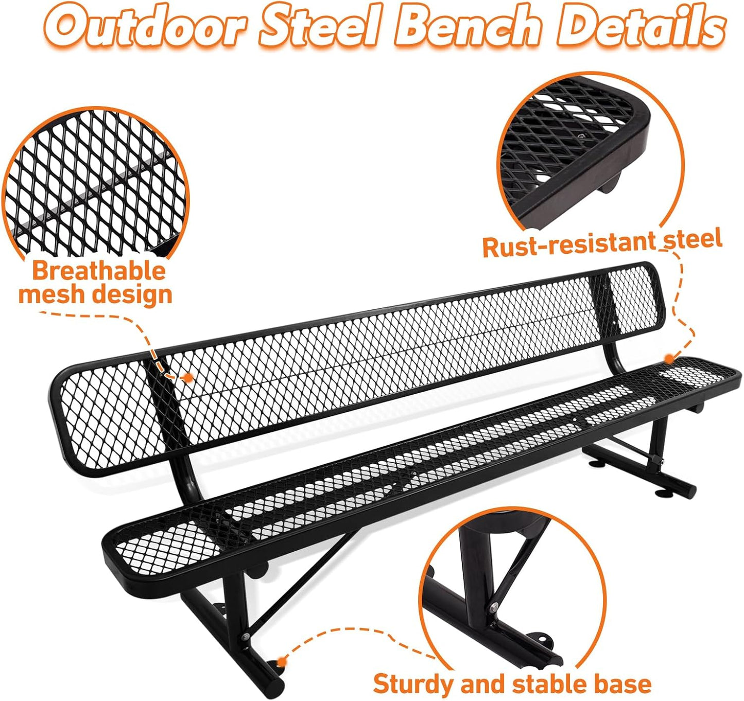 8FT Heavy Duty Park Bench with Back Portable Frame, Outdoor Metal Park Bench with Backrest, Steel Mesh Outdoor Bench for Garden, Lawn, Patio, Porch, Park, Yard (Black, 94.1" D x 23.2" W x 32.5" H)