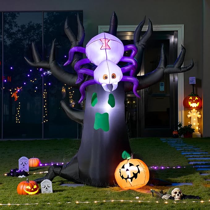 7FT Halloween Inflatable Tree with Giant Purple Spider and Pumpkin, Spooky Blow Up Yard Decoration with LED Lights for Outdoor Lawn, Garden, Party, Holiday Event Decor
