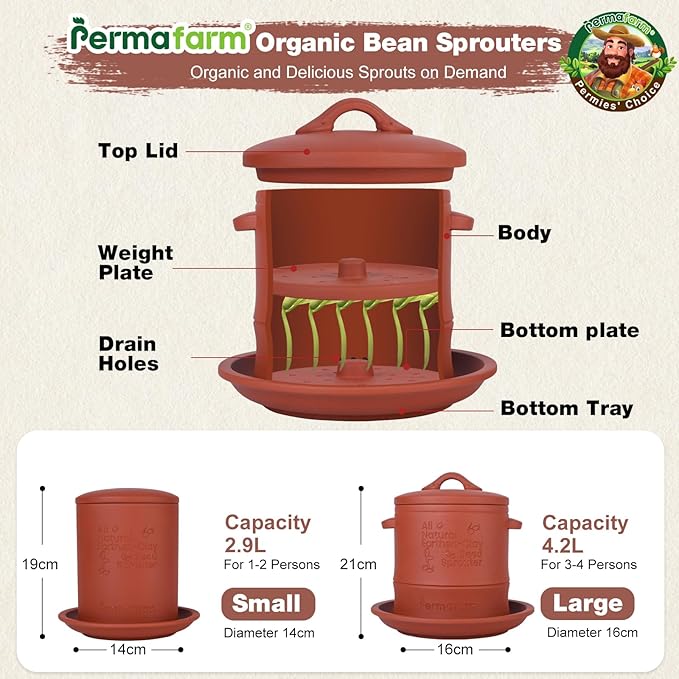 Permafarm® Organic Bean Sprouter, Natural Earthen-Clay Mung Bean Sprouter, Sprouts Growing Kit for Soybeans, Broccoli, Alfalfa & More | Lead-Free, Cadmium-Free (Large Size for Family)