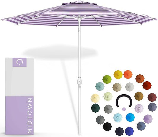 Midtown Umbrellas The Swilt 8 Feet Patio Umbrella in Terylast Midtown Stripes Purple/White Polyester Fabric - Fiberglass Ribs, Auto-Tilt Aluminum Frame For Backyard, Deck, Garden, Pool - White Pole