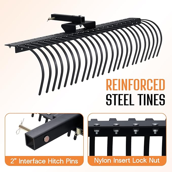 Specraft 60" Behind Landscape Rake for Tractor, Tow Dethatcher Rake with 24 Steel Coil Tines and 2" Receiver, Fit for 3-Point Suspension Systems
