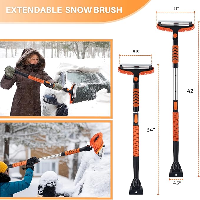 KeFanta Snow Removal Brush and Ice Scrapers for Car Windshield, 3 in 1 Heavy Duty 42'' Extendable Broom for SUV and Truck Window, Automotive Winter Accessories