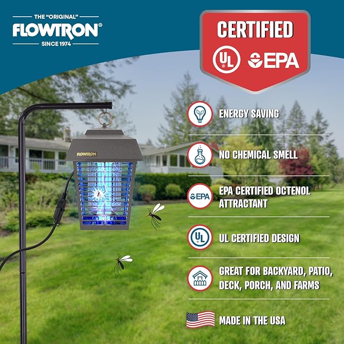 Flowtron Electric Bug Zapper 1/2 Acre Outdoor Insect Control with Dual Lure Method, 15W UV Light & Octenol Attractant for Fly & Mosquito, 5600V Kill Grid, Made in USA, UL Certified - Grey Color