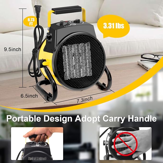 1500W Portable Garage Heater, Electric Outdoor Heater with Fast Heating & Overheat Protection, Patio and Greenhouse Space Heater for Indoor or Outdoor Use（Yellow）