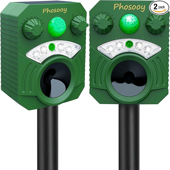 2 Packs Solar Ultrasonic Animal Repeller, Waterproof Mode-Adjustable Animal Deterrent Device with Flashing Strobe Lights to Repel Cats, Dogs, Squirrel, Rats, Skunks, Raccoons and Deer