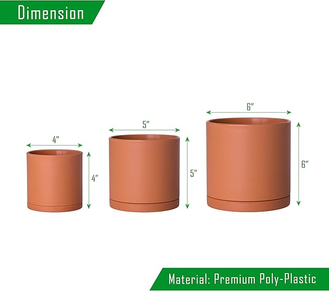 D'vine Dev 4 Inch 5 Inch 6 Inch, Set of 3 Plastic Planter Pots for Plants with Drainage Hole and Seamless Saucers, Terracotta Color, Small, 74-V-C-1