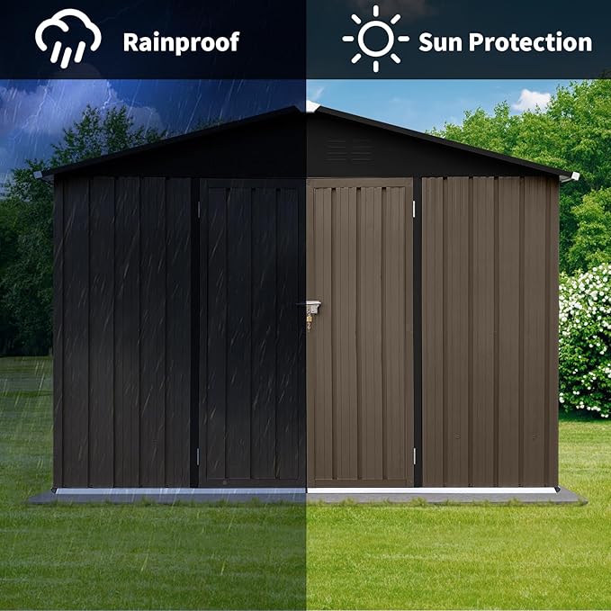8FT x 6FT Outdoor Metal Storage Shed with Apex Roof - Heavy Duty Steel Garden Shed with Hinged Door & Built-in Vents, Includes Free Padlock for Secure Tool & Equipment Storage (Easy Assembly)