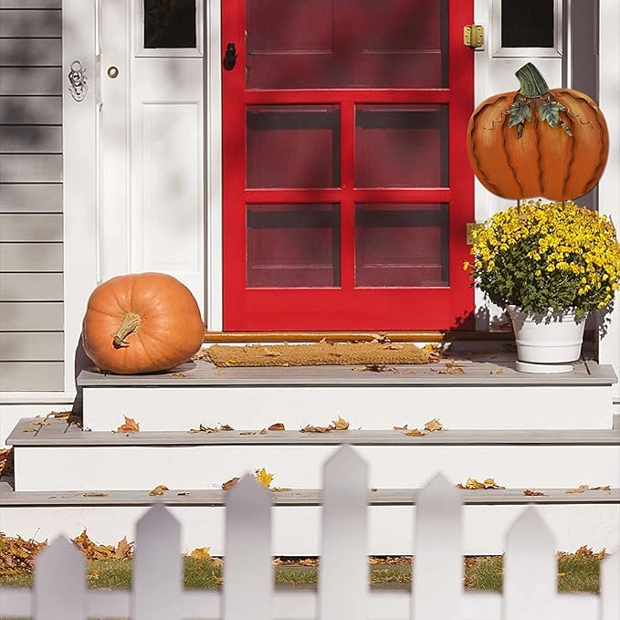 Metal Pumpkin Garden Stakes - Autumn Decorative Yard Signs - Indoor Outdoor Plant Flower Stake Fall Lawn Ornaments Pumpkin Decoration for Harvest Halloween (17.5"-A)