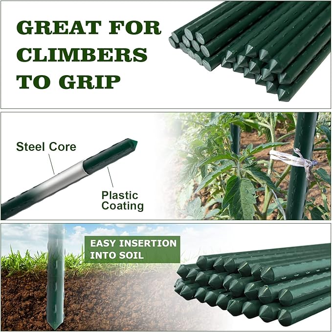 25pcs Steel Plant Stakes 4 Feet,Sturdy Plant Sticks, Plastic Coated Metal Garden Stakes Supports Climbing for Tomato, Bean, Flowers, Tree Potted