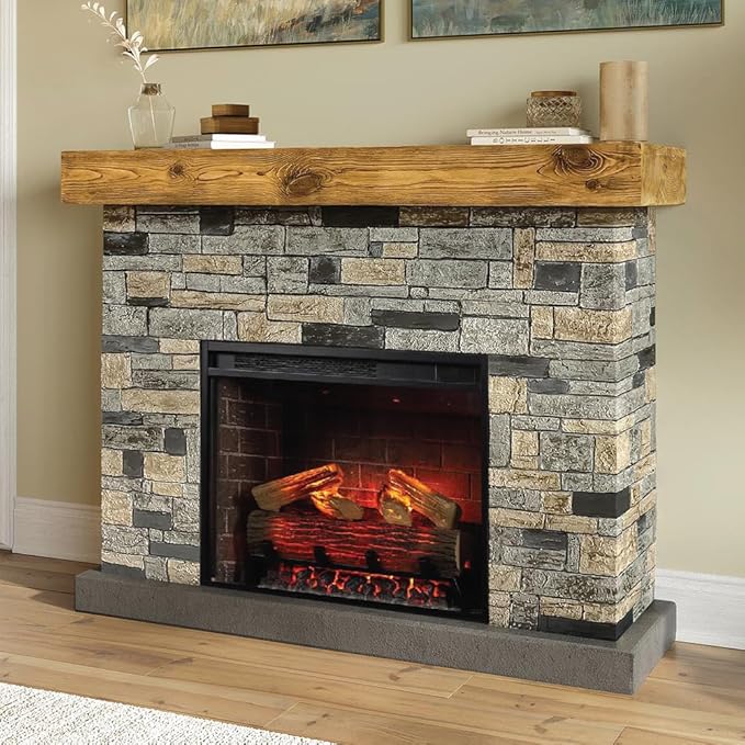 Country Living - Dixson Fireplace Mantel Package, 28” Fireplace Insert, Stone Brick Mantel Surround, Alexa/WiFi Enabled, 1500W