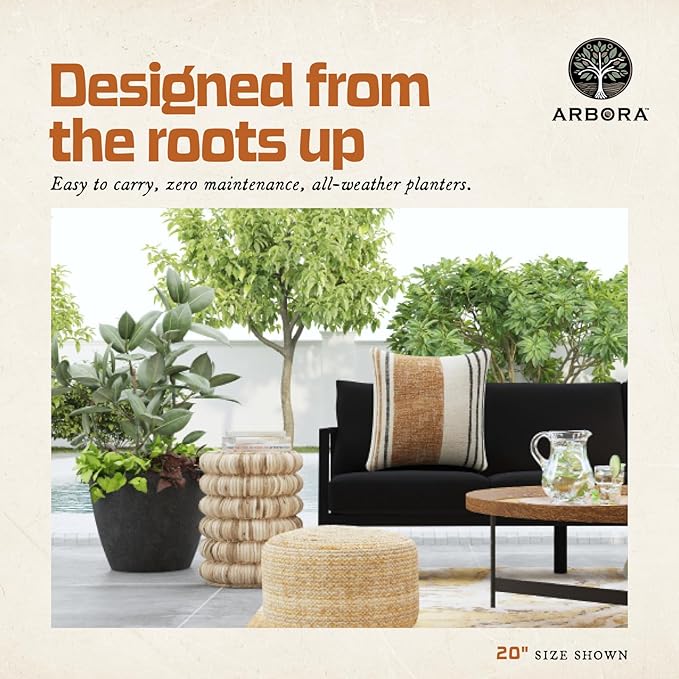 ARBORA 20" Valencia Polyresin Indoor and Outdoor Planter with Classic Black Finish - Durable, Weatherproof, Lightweight, Large Plant Pot for Patio, Garden, Deck, Entryway