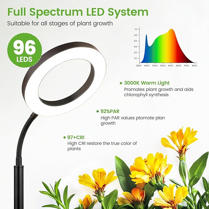 Grow Lights for Indoor Plants,Floor Lamp with 63IN Stand,Full Spectrum,10 Dimming,Halo Ring Warm Light, 3/9/12H Timer,Height Adjustable,Metal Stable Base Growing Light for Tall Small Plant