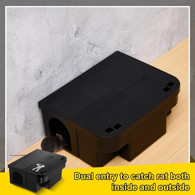 Qualirey 4 Pcs Rat Bait Station 8.86 x 7.28 x 3.62 Inches Rat Traps with Openable Lid, Blocks Boxes with Keys for Big Mouse, Keeps Children and Pets Safe Indoor & Outdoor, Bait Not Included (Black)